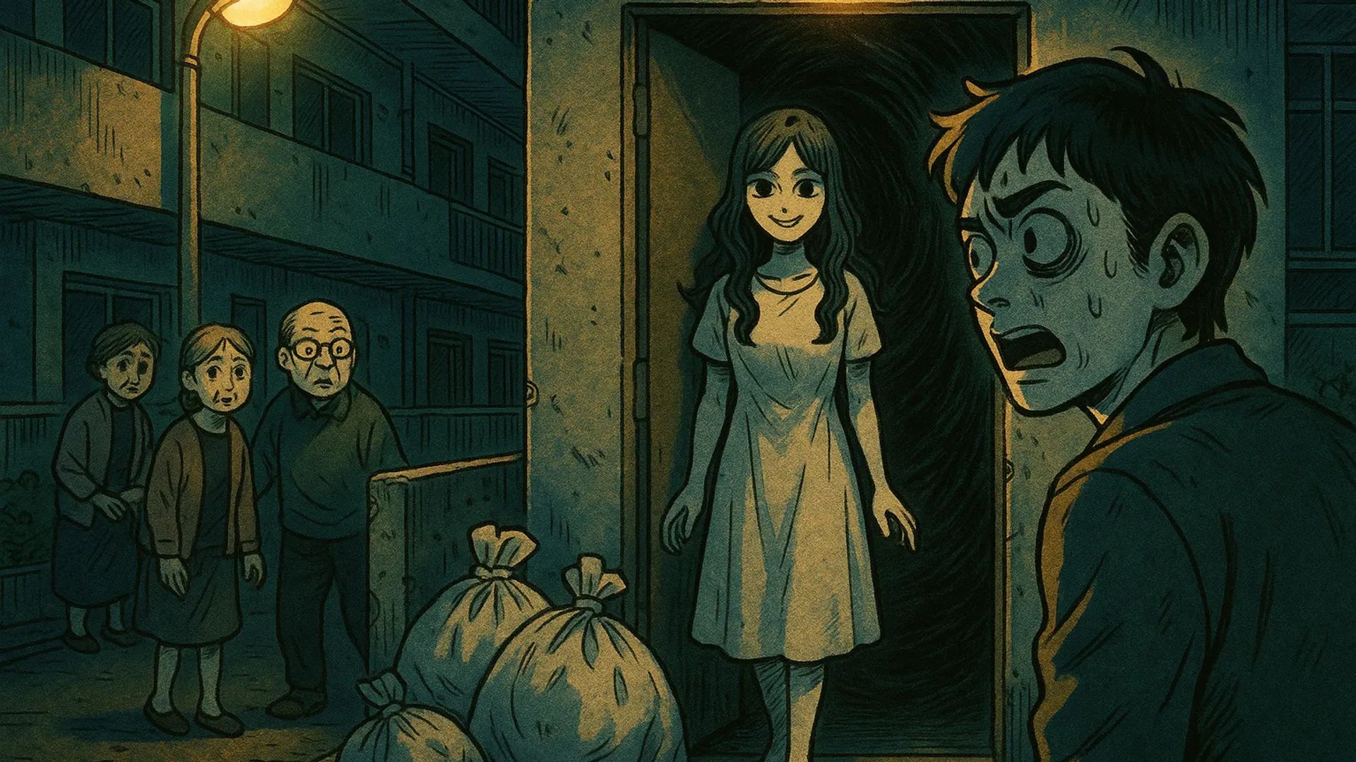 Japanese Ghost Story illustration "title: The Alluring Wife of the Apartment"