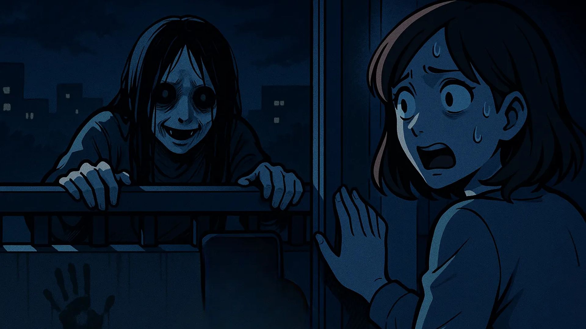 Japanese Ghost Story illustration "title: The Woman on the Balcony"