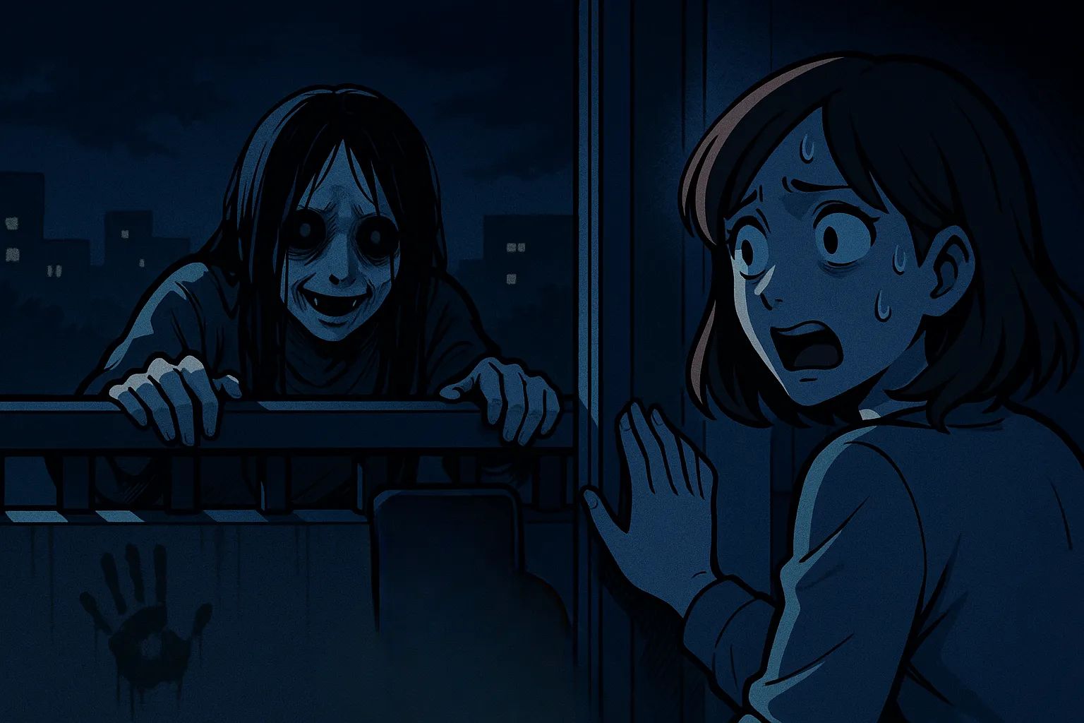 Japanese Ghost Story illustration "title: The Woman on the Balcony"