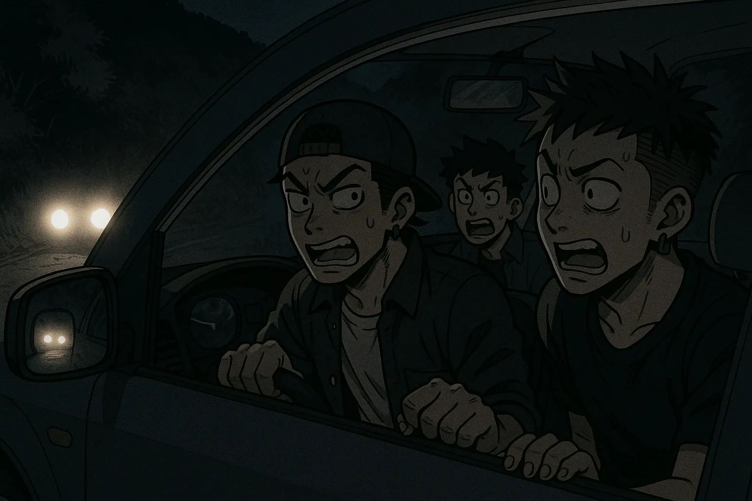 Japanese Ghost Story illustration "title: The Car on the Mountain Road"