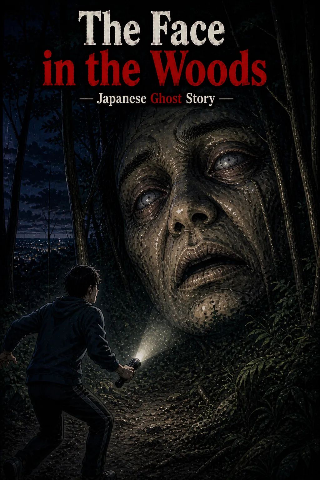 Japanese Ghost Story illustration "title: The Face in the Woods"