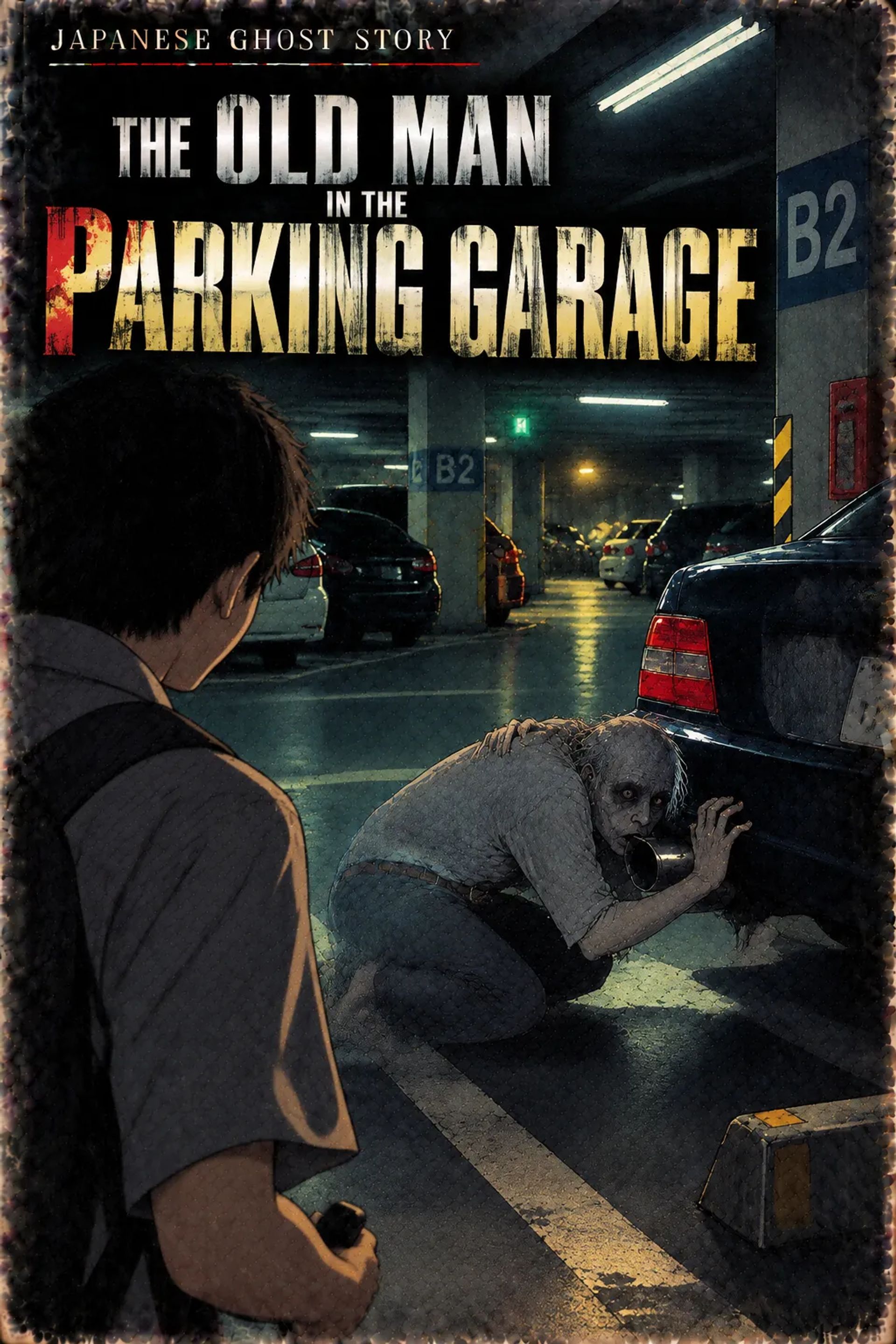 Japanese Ghost Story illustration "title: The Old Man in the Parking Garage"