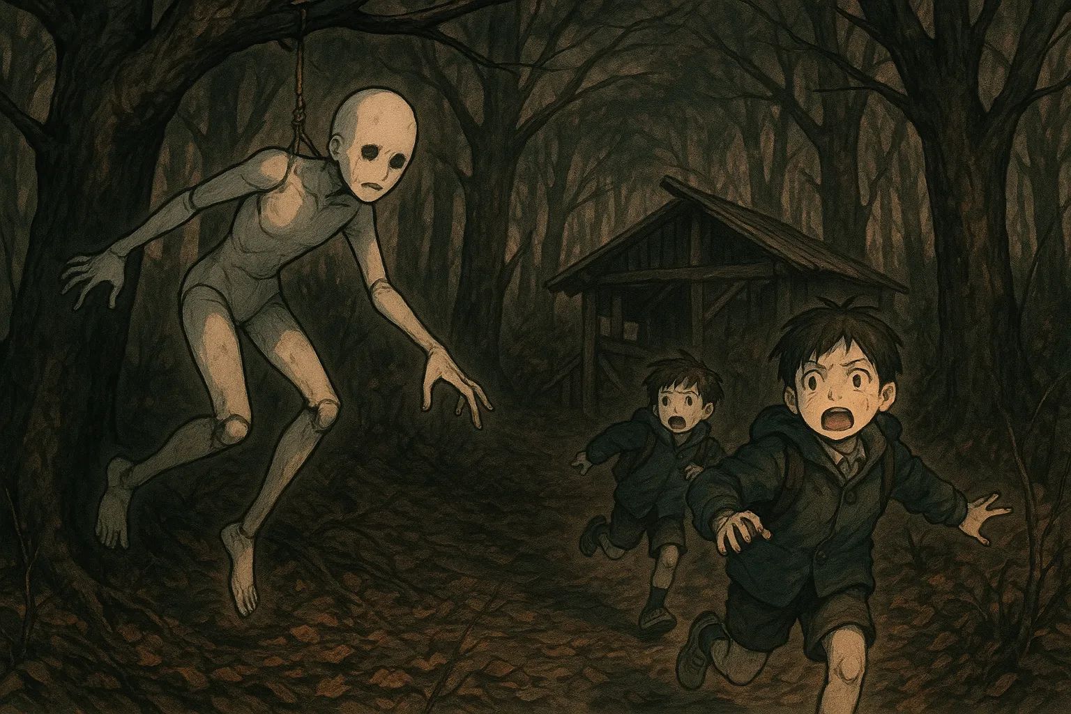 Japanese Ghost Story illustration "title: The Mannequin in the Forest"