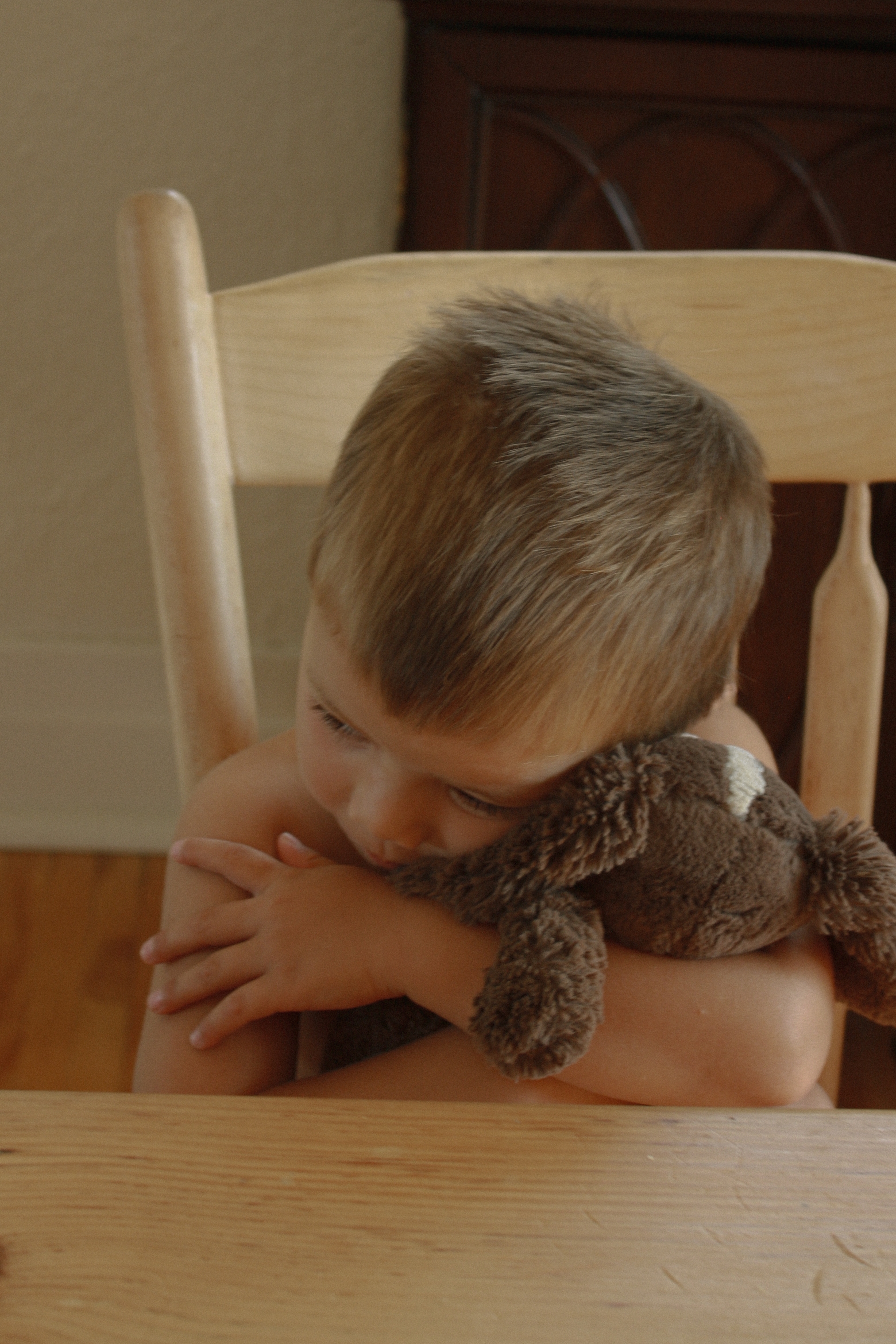 toddler sitting on wooden chair hugging brown stuffed toy dog closely to his chest - Family Photography