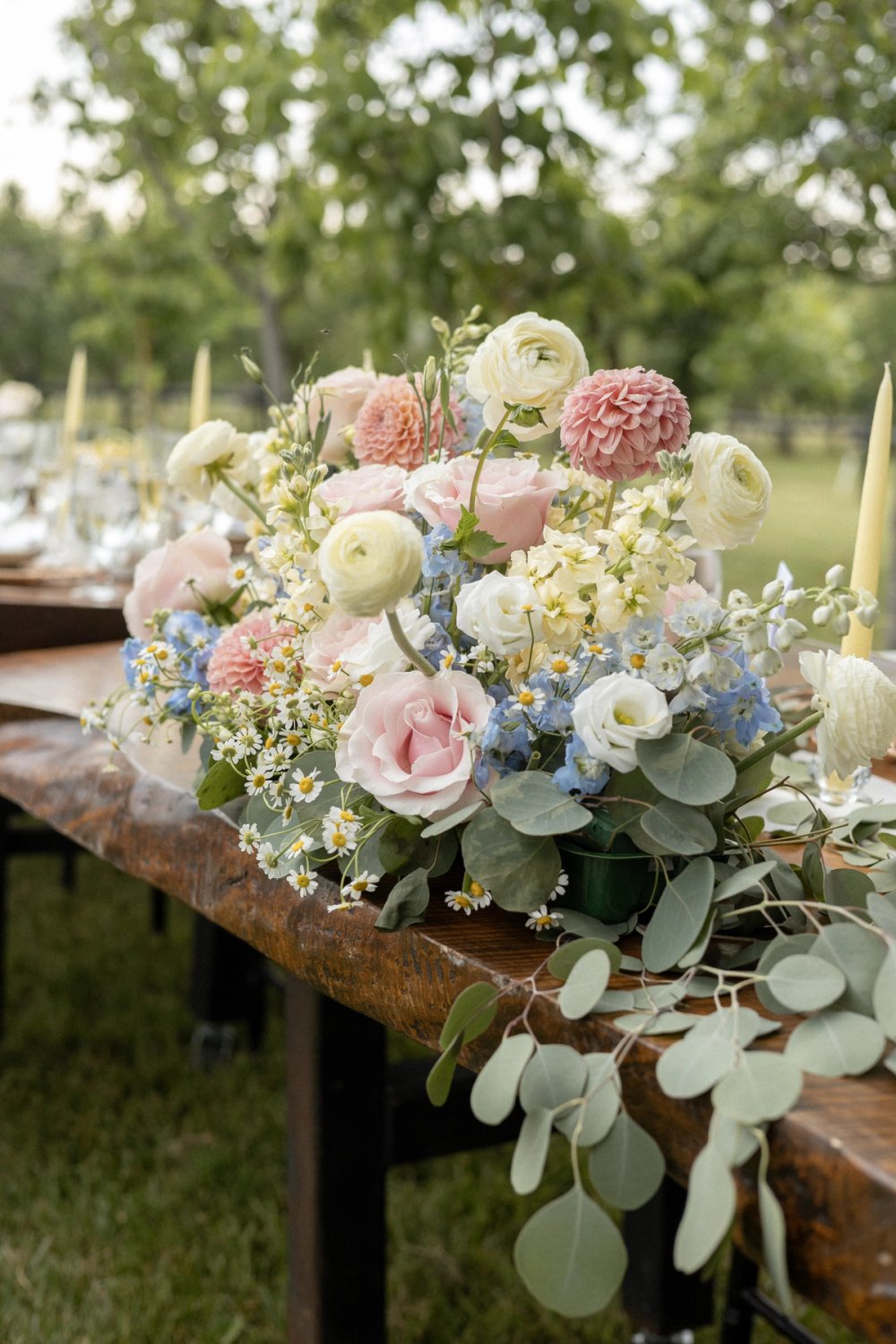 Summer pastel bridal table floral arrangement Kurtz Orchard wedding reception