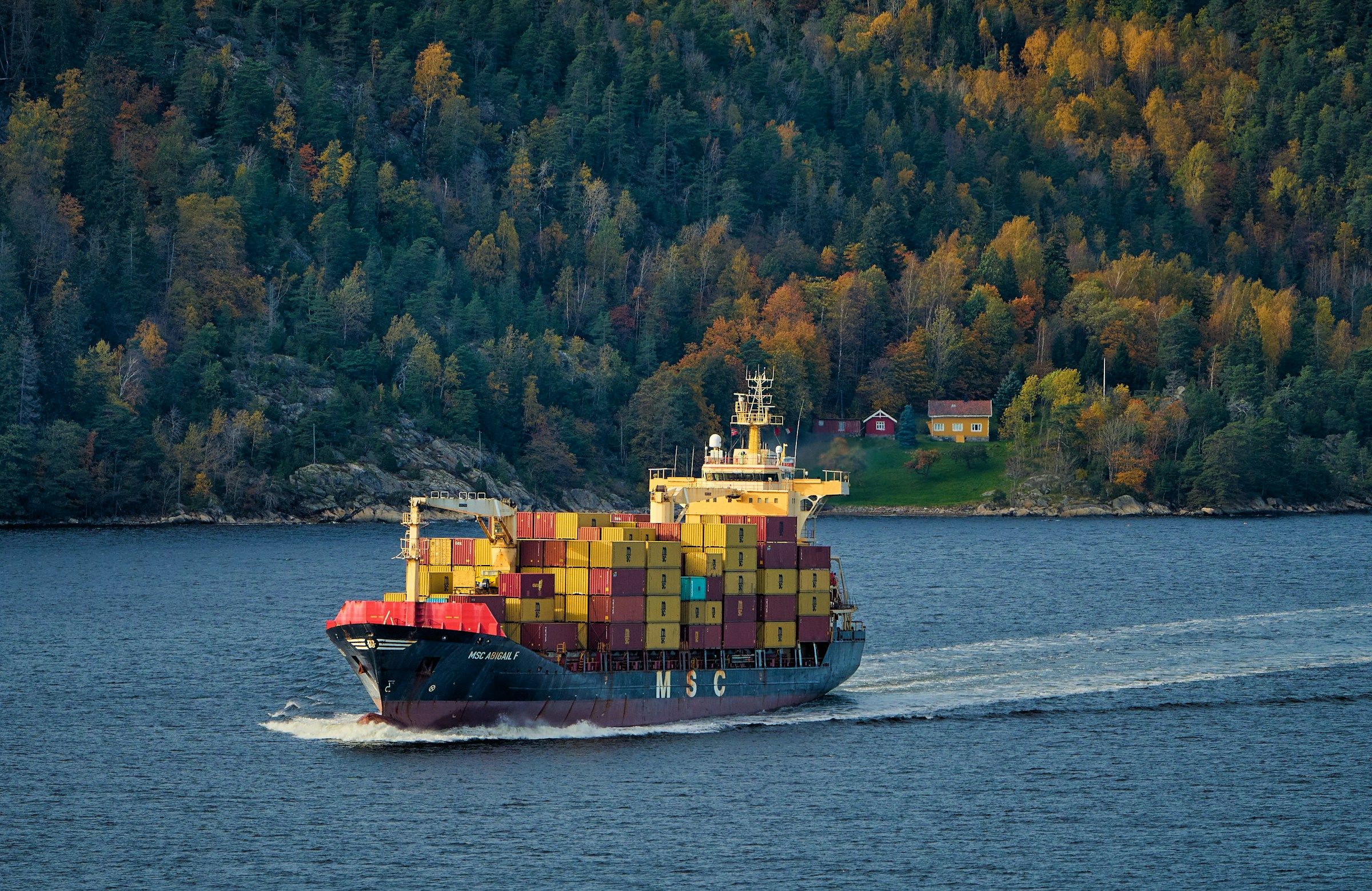 Containerskip i en fjord foran en skogkledd åsside.