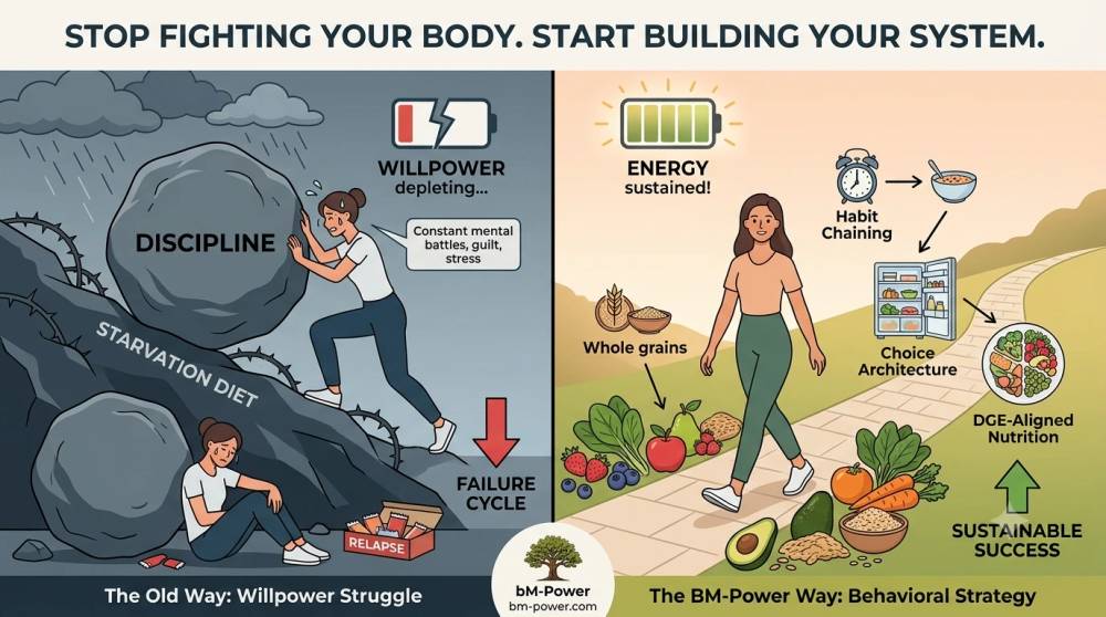 How to stick to a nutrition plan without willpower: The structural contrast between fighting your own body through rigid restriction (left) and establishing an automated, behavioral-psychology-backed system (right).