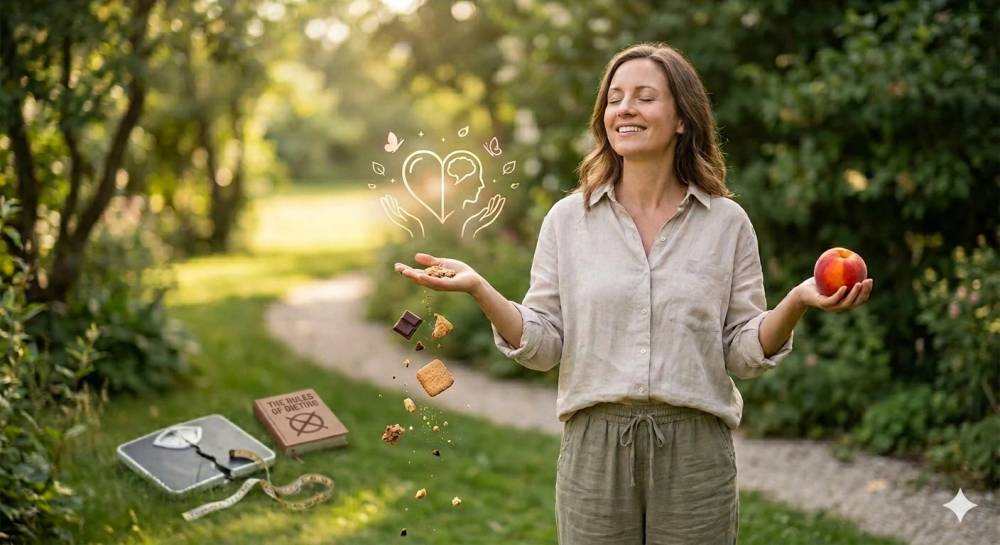 A smiling woman stands relaxed in a garden, letting chocolate and cookies drop from one hand while holding a fresh peach in the other. In the background, a bathroom scale and a crossed-out book titled 'The Rules of Dieting' can be seen.