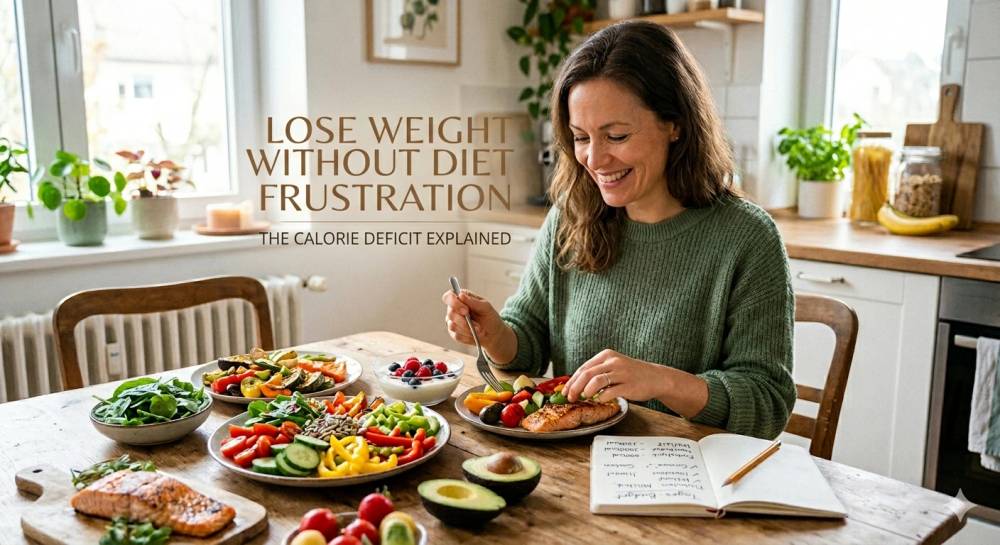 A smiling woman sitting at a bright kitchen table with healthy meals including salmon, vegetables, and berry yogurt, planning her nutrition budget in a notebook.