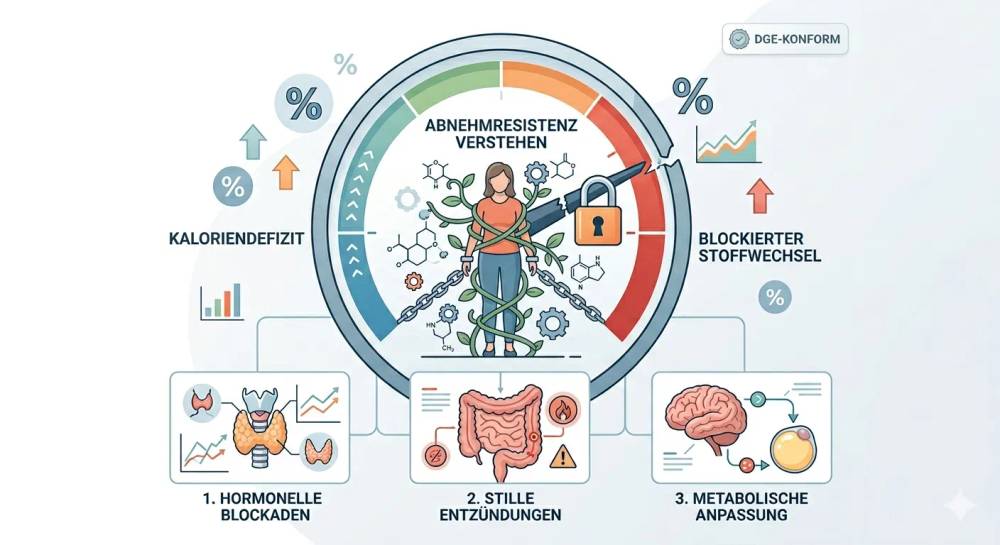 Infografik zur Abnehmresistenz mit einer zentralen Anzeige, die einen blockierten Stoffwechsel durch ein Vorhängeschloss darstellt, umgeben von den drei biologischen Ursachen: hormonelle Blockaden, stille Entzündungen und metabolische Anpassung.