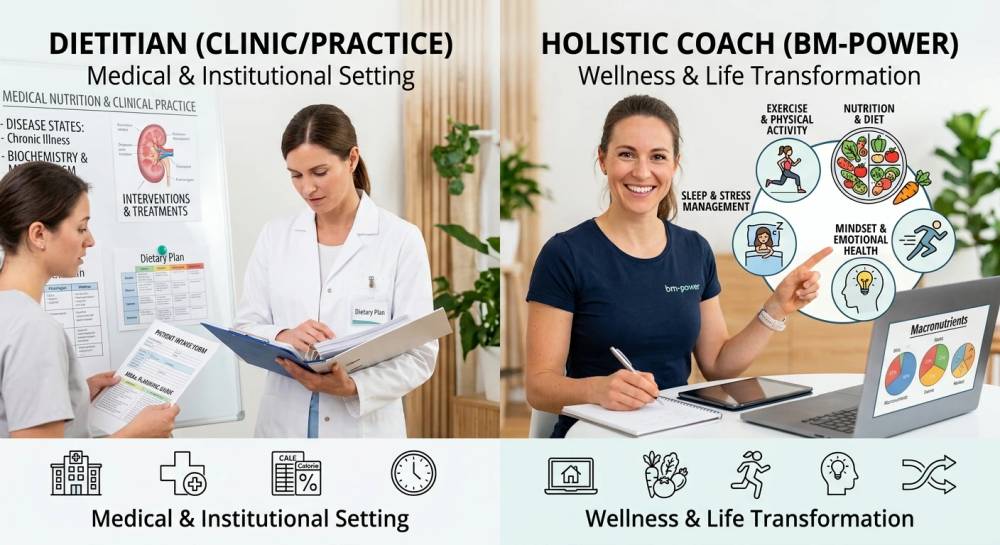 Comparison of nutrition advice in Germany: Dietitian vs. Holistic Online-Coaching (bm-power). A dietitian in a clinic works with dietary plans and pathologies, while a bm-power coach offers holistic coaching including mindset, sleep, and nutrition (zfu-certified) online.