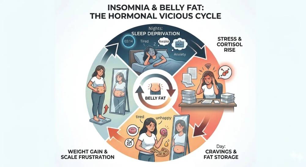 A circular infographic titled "Insomnia & Belly Fat: The Hormonal Vicious Cycle" explaining the biochemical link between sleep deprivation and weight gain. It charts the four stages of the cycle: 1. Nighttime sleep deprivation, 2. Stress and cortisol rise, 3. Daytime cravings and fat storage, and 4. Weight gain and scale frustration.