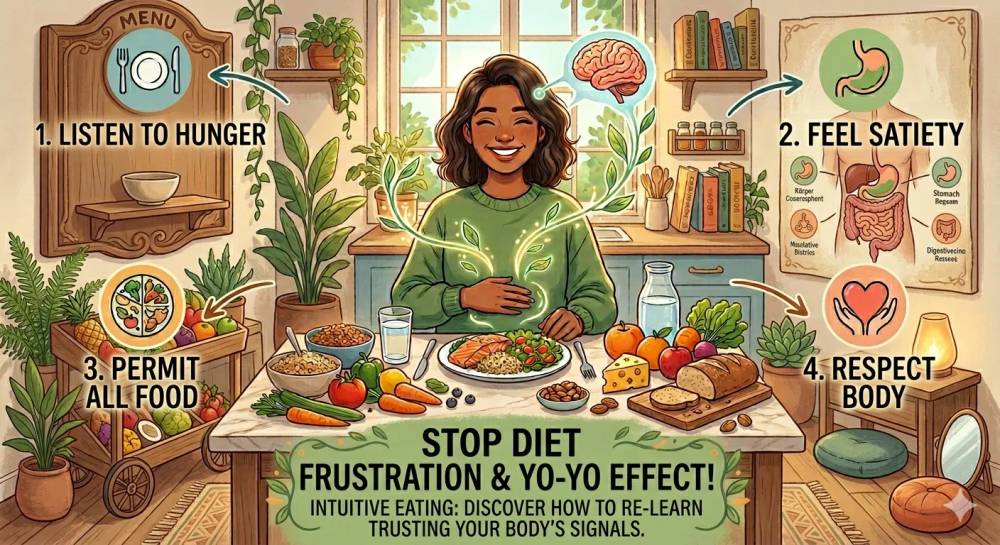 An infographic about intuitive eating, showing a happy woman at a richly set table. It illustrates four core principles: listen to hunger, feel satiety, permit all food, and respect the body, designed to stop diet frustration and the yo-yo effect.