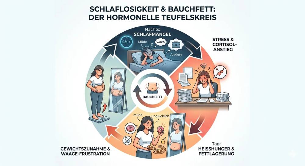 Eine kreisförmige Infografik mit dem Titel „Insomnia & Belly Fat: The Hormonal Vicious Cycle“. Sie veranschaulicht in vier illustrierten Schritten, wie Schlafmangel nachts zu einem Anstieg des Stresshormons Cortisol führt, was am Folgetag Heißhunger auslöst und letztendlich eine Gewichtszunahme und hormonell blockiertes Bauchfett zur Folge hat.
