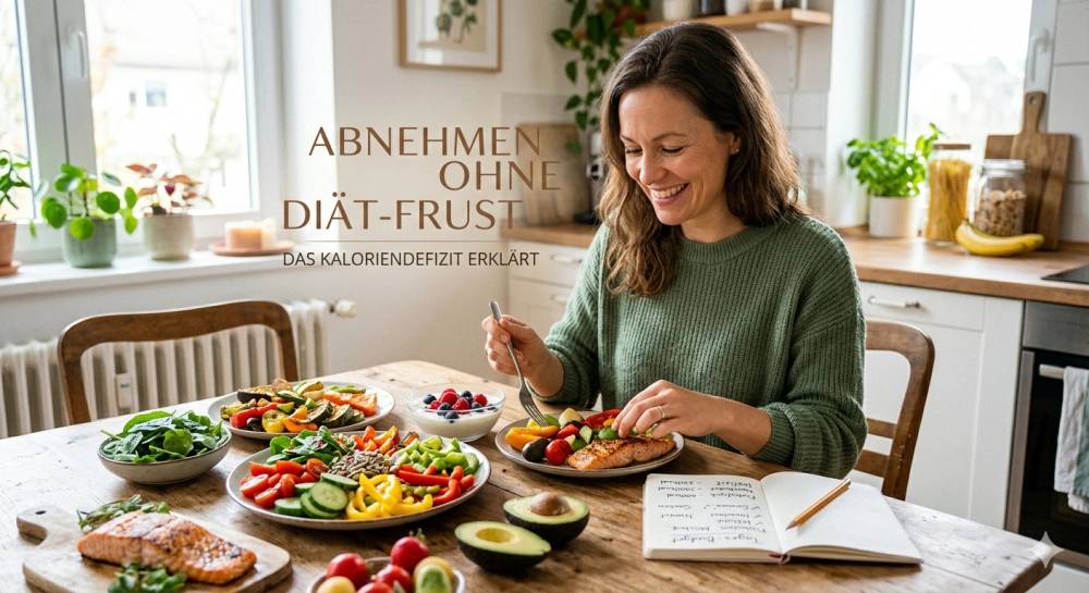 Eine lächelnde Frau sitzt am hellen Küchentisch vor gesunden Mahlzeiten mit Lachs, Gemüse und Beeren-Joghurt und plant ihr Ernährungs-Budget in einem Notizbuch.