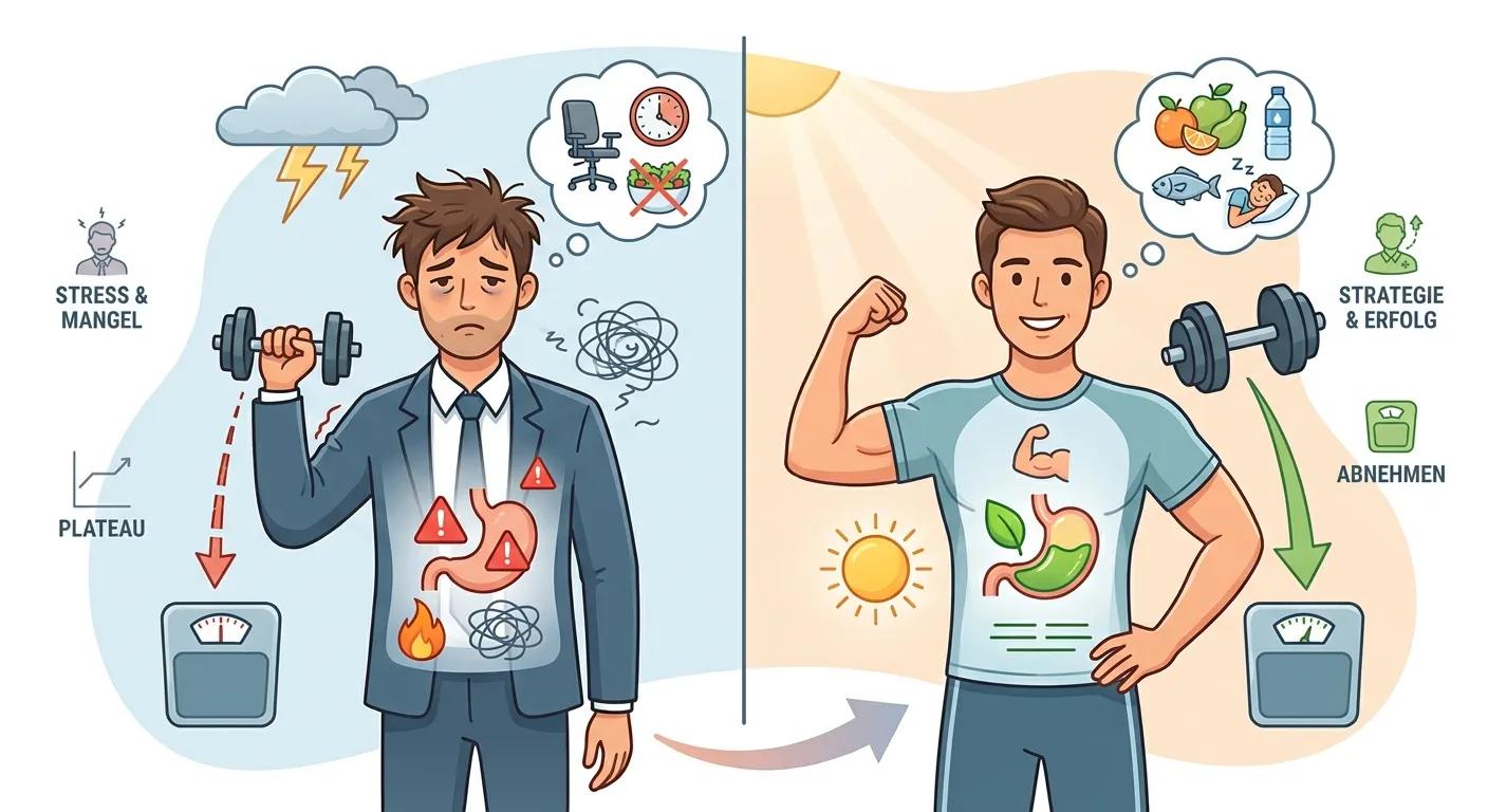 Ernährungsfehler beim Abnehmen: Ein Vergleich zwischen einem gestressten Mann im Kaloriendefizit mit Gewichts-Plateau und einem fitten Mann mit gesunder Ernährungsstrategie und Gewichtsverlust.
