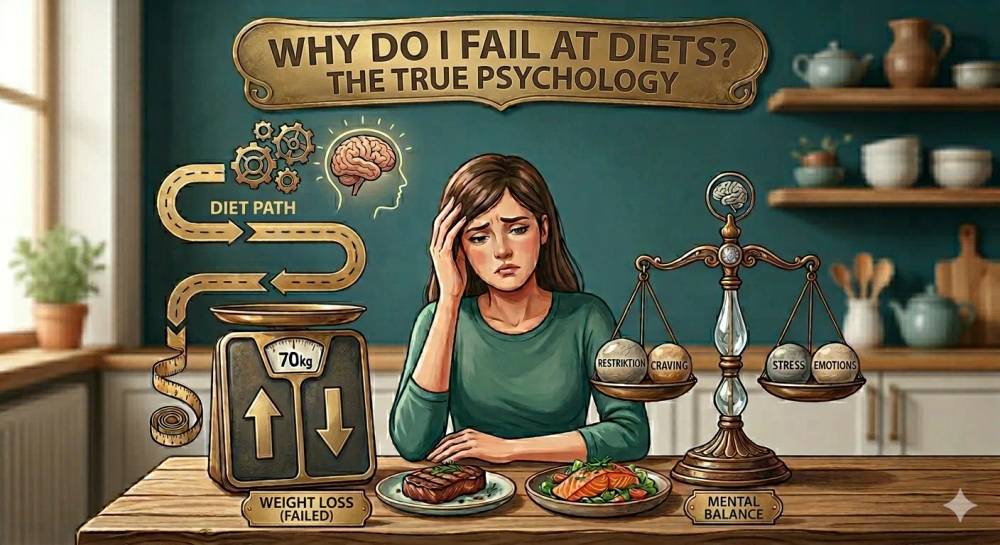 A frustrated woman sitting at a kitchen table next to a weighing scale with up and down arrows and a balance scale for mental health, illustrating the true psychology of why diets fail.