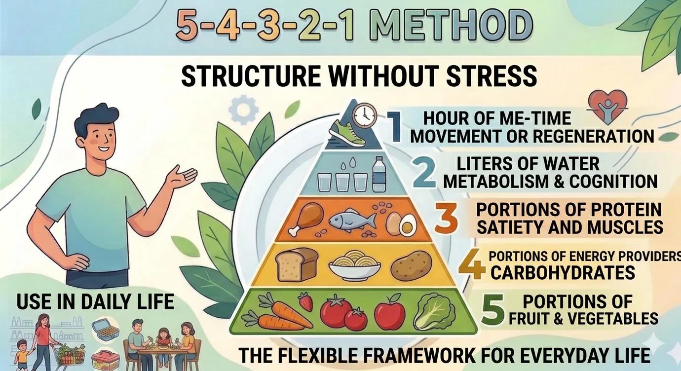 Features a food pyramid with 5 portions of fruit and vegetables, 4 portions of carbohydrates, 3 portions of protein, 2 liters of water, and 1 hour of me-time for daily structure without diet stress.