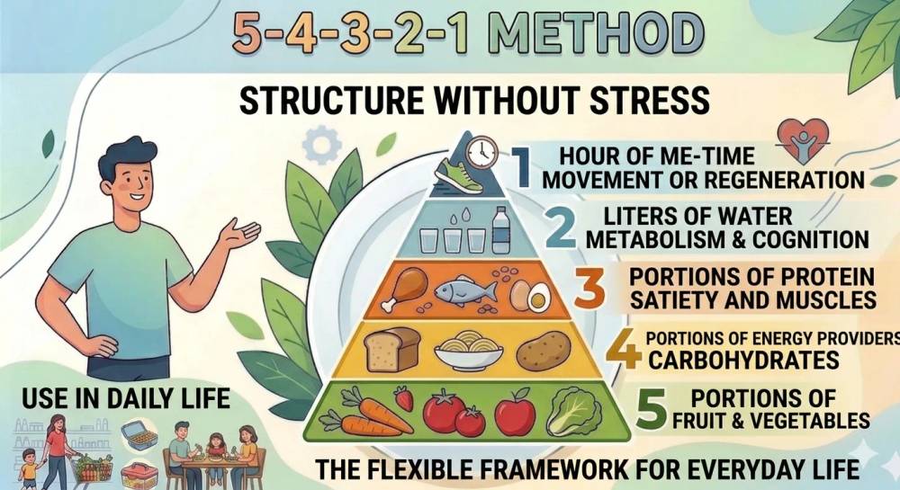 Features a food pyramid with 5 portions of fruit and vegetables, 4 portions of carbohydrates, 3 portions of protein, 2 liters of water, and 1 hour of me-time for daily structure without diet stress.