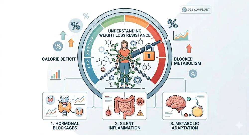 Infographic explaining weight loss resistance featuring a central gauge with a padlock showing a blocked metabolism, surrounded by three biological causes: hormonal blockages, silent inflammation, and metabolic adaptation.