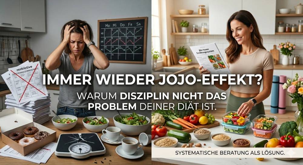 Systematik schlägt Disziplin: Während klassische Crash-Diäten (links) durch Verbote und Heißhunger psychologisch wie physiologisch zum Jojo-Effekt führen, verankert eine strukturierte Ernährungsberatung (rechts) gesunde Routinen ohne Verzicht im Alltag.