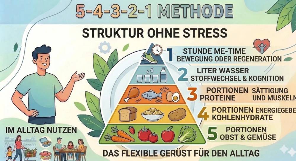Darstellung einer Ernährungspyramide mit 5 Portionen Obst und Gemüse, 4 Portionen Kohlenhydraten, 3 Portionen Protein, 2 Litern Wasser und 1 Stunde Me-Time für Struktur im Alltag ohne Diät-Stress.