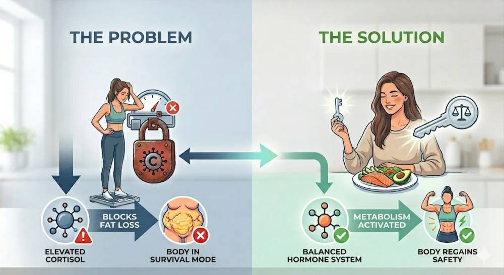 Hormones & Weight Infographic: Stress/cortisol block (left) vs. metabolic activation via nutrition (right).