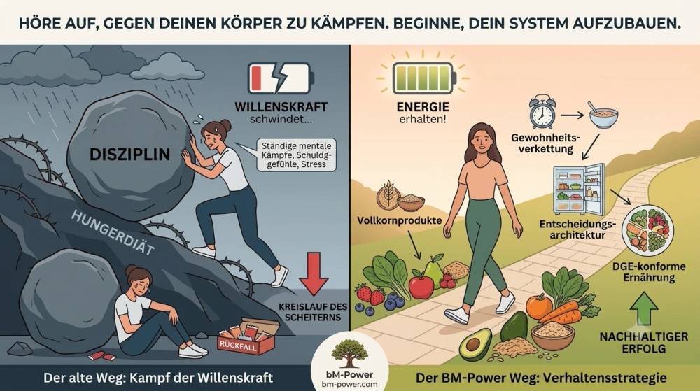 Ernährungsplan einhalten ohne Willenskraft: Der Unterschied zwischen dem kräftezehrenden Kampf gegen den eigenen Körper (links) und einer automatisierten, psychologisch fundierten Ernährungsstrategie (rechts).