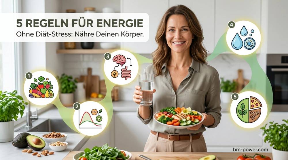 Eine lächelnde Ernährungsberaterin in einer hellen Küche hält einen Teller mit frischem Gemüse und ein Glas Wasser, umgeben von Infografik-Kreisen zu den 5 Regeln für gesunde Ernährung im Alltag ohne Diät-Stress