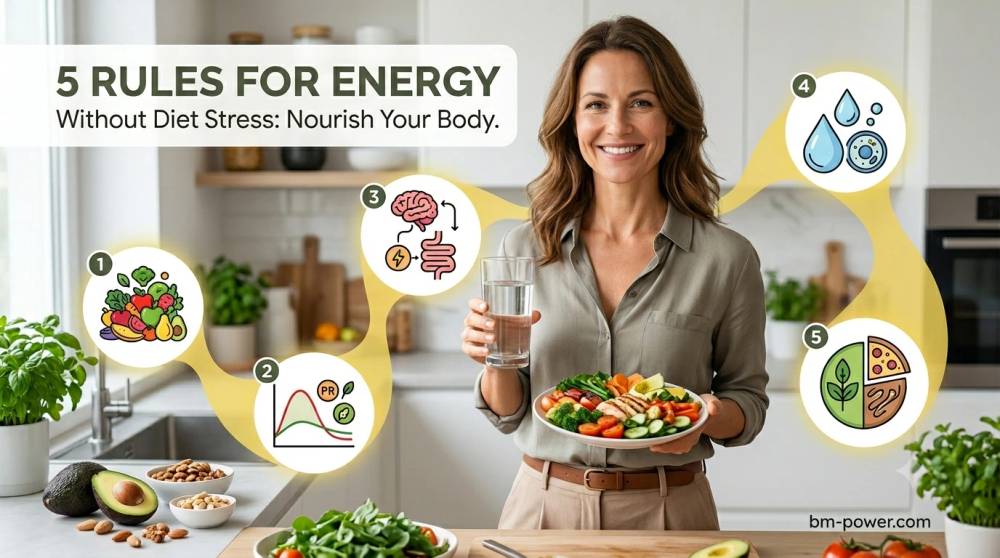 A smiling female nutrition coach in a bright kitchen holding a plate of fresh vegetables and a glass of water, surrounded by infographic circles showing the 5 rules for energy and healthy eating without diet stress.