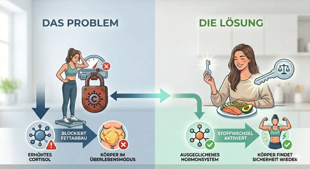 Hormone & Gewicht: Infografik zum Vergleich zwischen einer hormonellen Blockade durch Stress und Cortisol (links) und der Aktivierung des Stoffwechsels durch eine gezielte Ernährung (rechts).