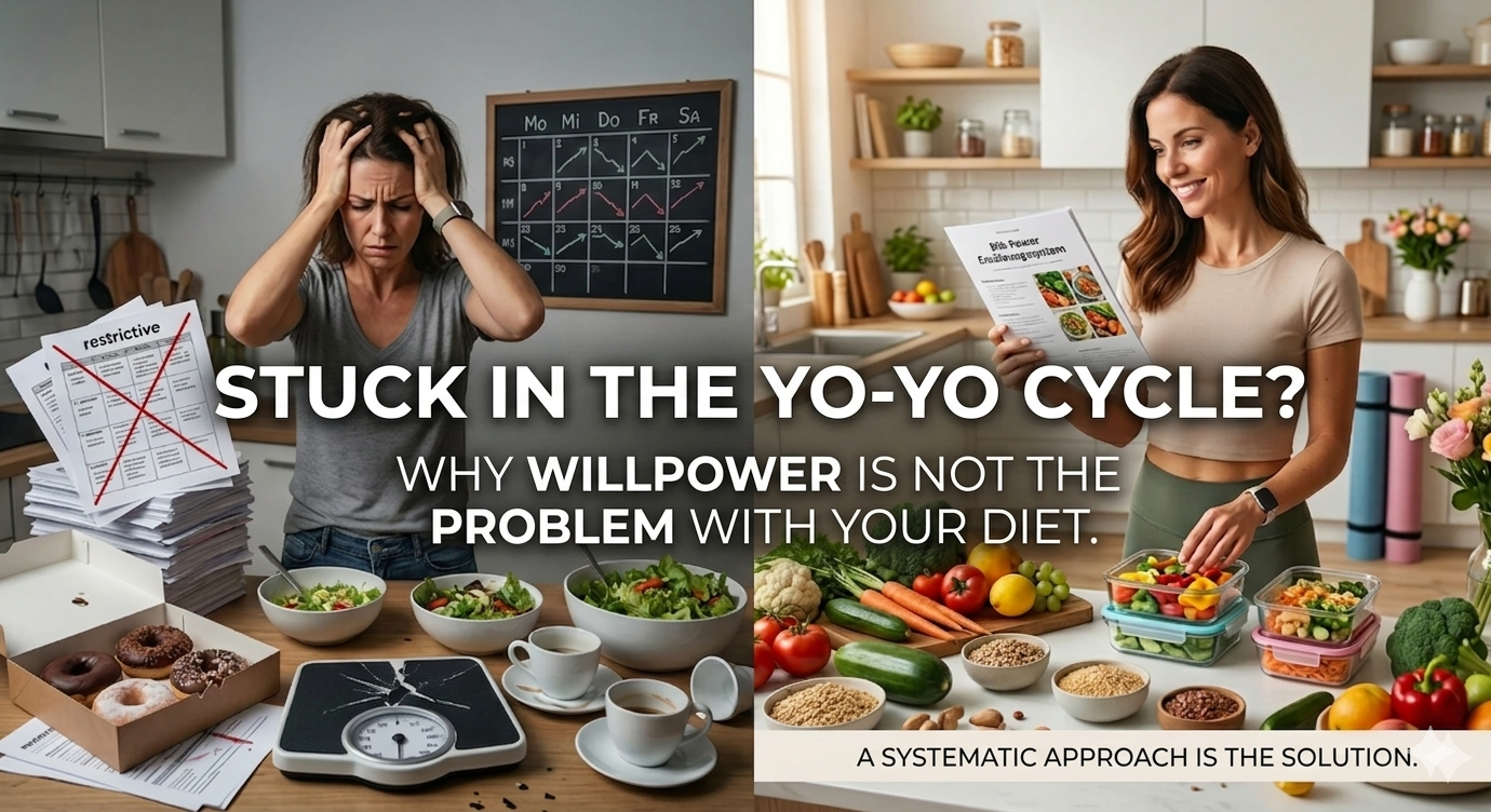 System over willpower: While traditional crash diets (left) trigger a cycle of restriction and intense cravings that inevitably lead to the yo-yo effect, a structured nutrition framework (right) anchors sustainable, guilt-free routines directly into your daily life.