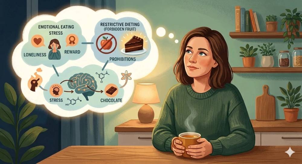 A woman sits at a table with a cup of coffee in her hand, dreaming of eating a piece of chocolate and then feeling stressed afterwards.