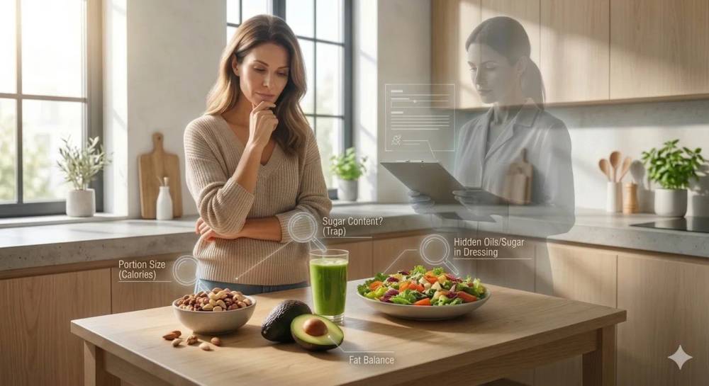 A thoughtful woman in a modern kitchen analyzes healthy foods like avocados, nuts, and salads, while a digital coach uses a magnifying glass and checklist to reveal blind spots and hidden nutritional mistakes.