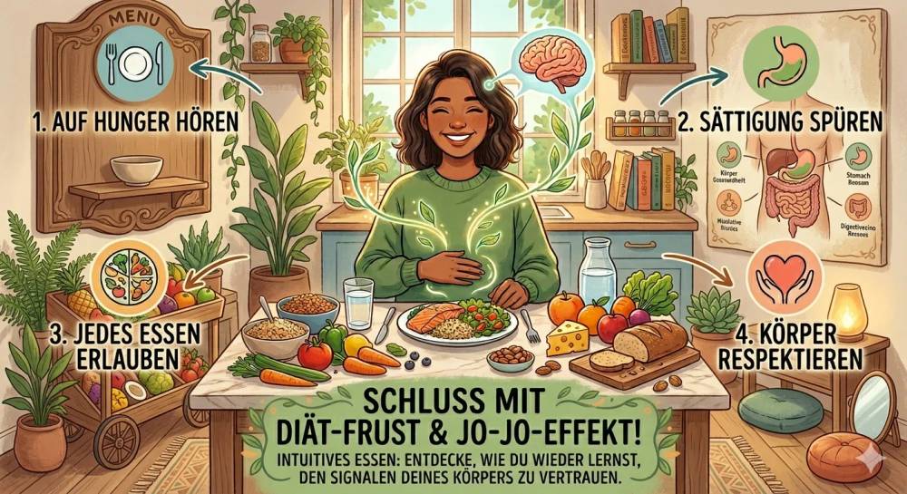 Eine Infografik zum Thema intuitives Essen, die eine glückliche Frau an einem reich gedeckten Tisch zeigt. Sie illustriert vier Grundpfeiler: auf Hunger hören, Sättigung spüren, alle Lebensmittel erlauben und den Körper respektieren, um Diät-Frust und den Jo-Jo-Effekt zu beenden.