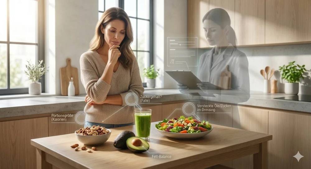 Eine nachdenkliche Frau in einer modernen Küche analysiert gesunde Lebensmittel wie Avocados, Nüsse und Salate, während ein digitaler Coach blinde Flecken und versteckte Ernährungsfehler mittels Lupe und Checkliste sichtbar macht.