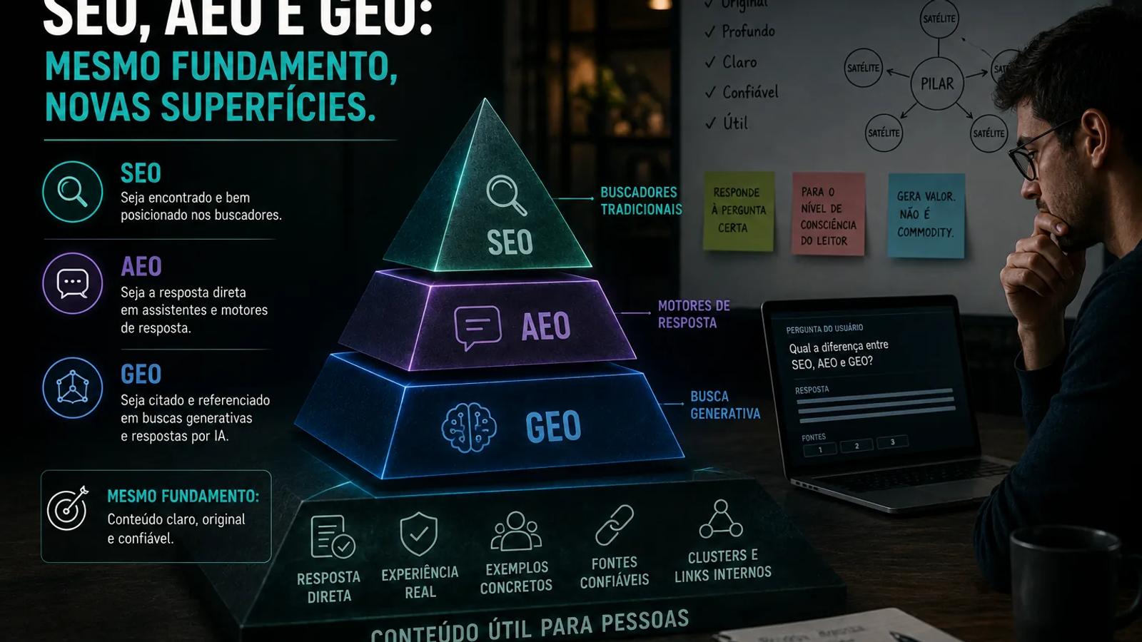 SEO, AEO e GEO em 2026: o que realmente muda na produção de conteúdo