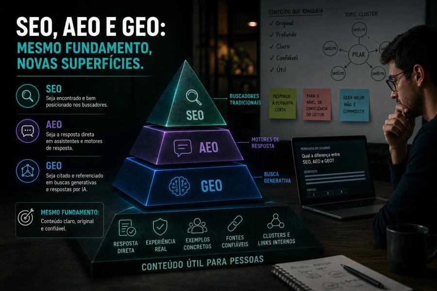 SEO, AEO e GEO em 2026: o que realmente muda na produção de conteúdo