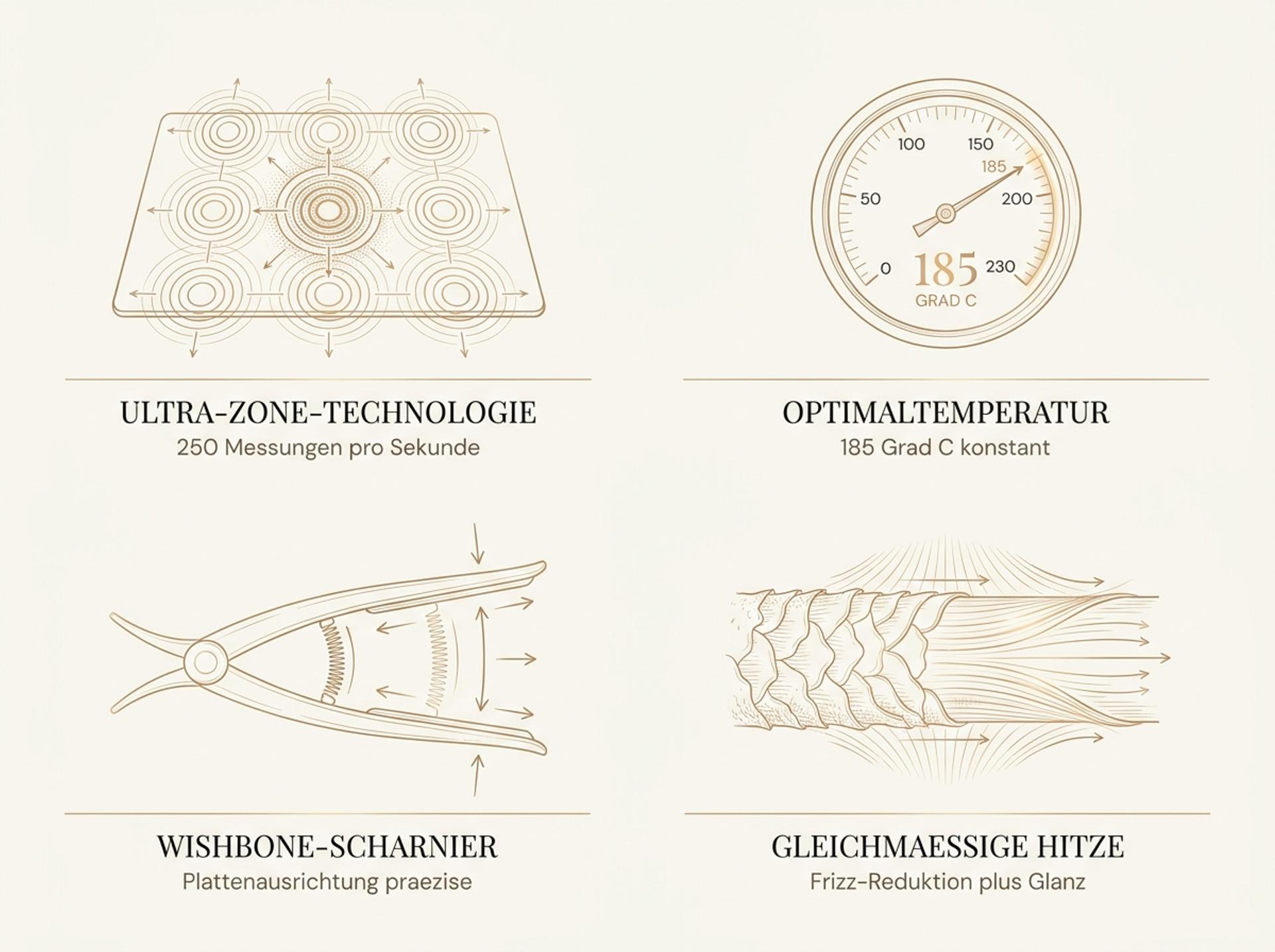 Infografik zur ghd Ultra-Zone-Technologie: Sensor-Heatmap, Optimaltemperatur 185 Grad C, 250 Messungen pro Sekunde, Wishbone-Scharnier