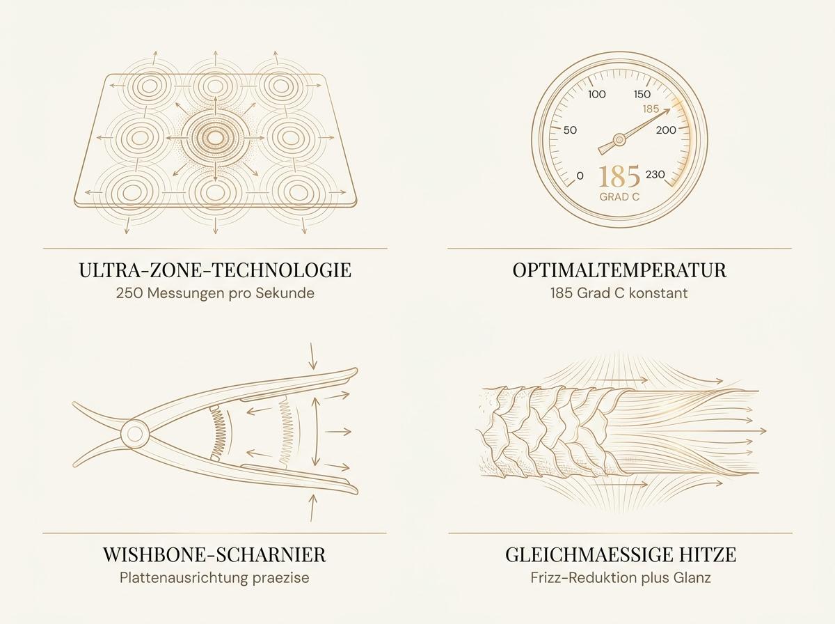 Infografik zur ghd Ultra-Zone-Technologie: Sensor-Heatmap, Optimaltemperatur 185 Grad C, 250 Messungen pro Sekunde, Wishbone-Scharnier