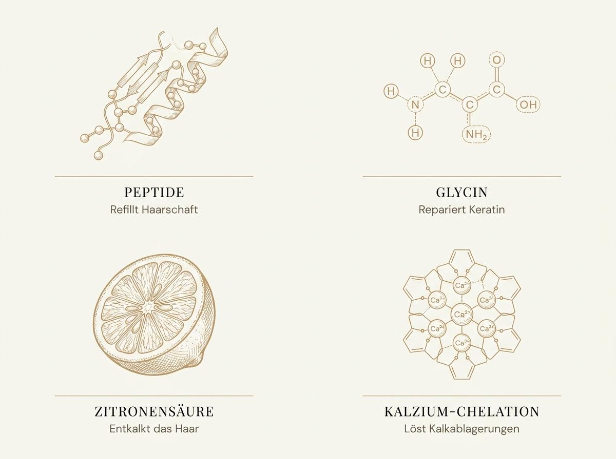 Infografik zu den Wirkstoffen der Kérastase Première Masque: Peptide, Glycin, Zitronensäure und Calcium-Chelation
