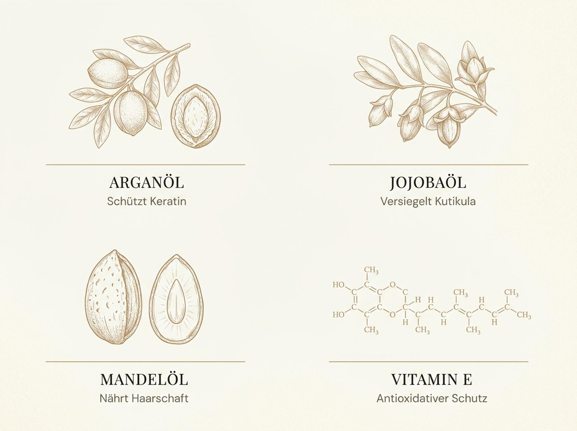 Infografik zu den Wirkstoffen des Wella SP LuxeOil: Arganöl, Jojobaöl, Mandelöl und Vitamin E