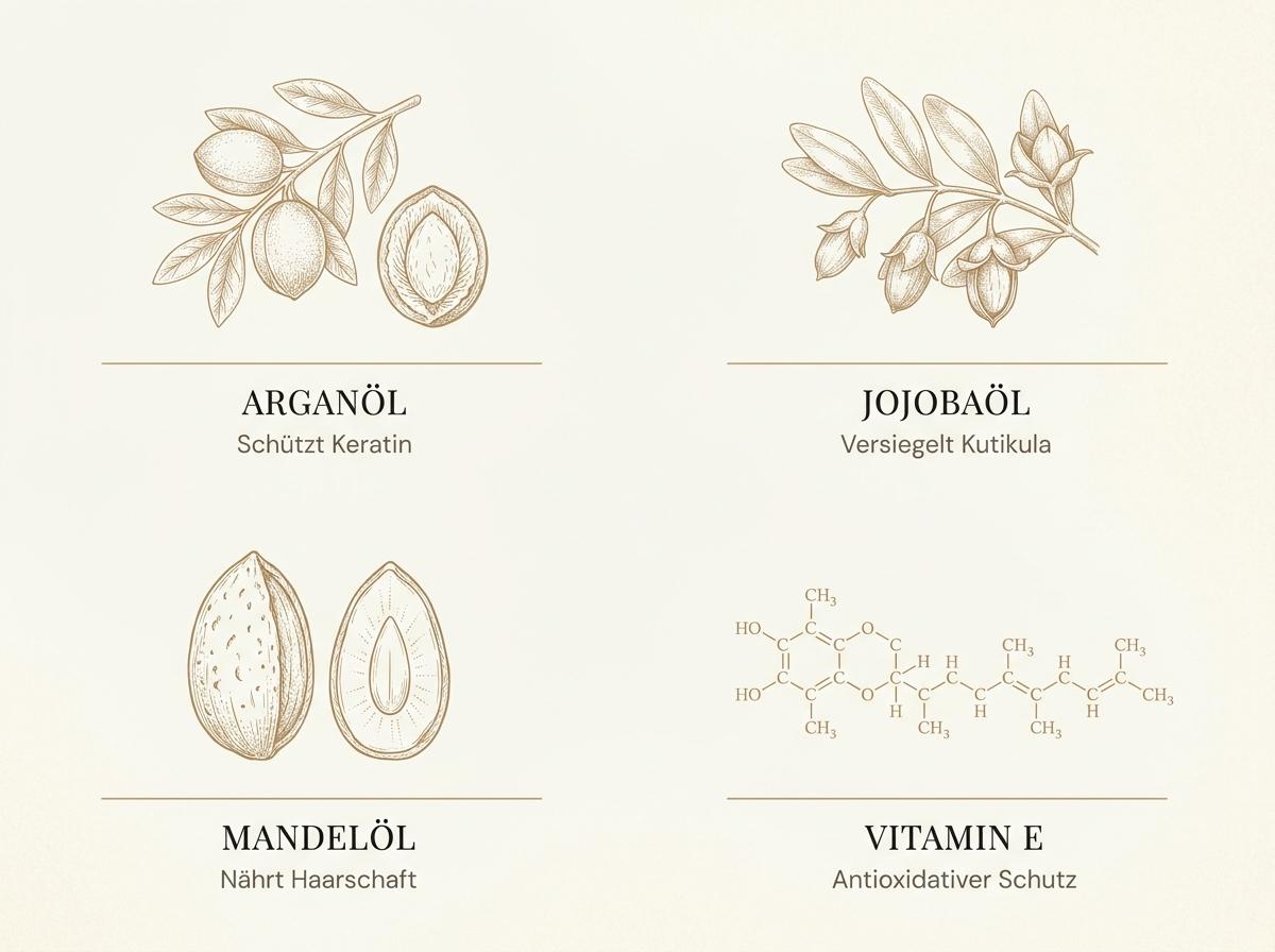 Infografik zu den Wirkstoffen des Wella SP LuxeOil: Arganöl, Jojobaöl, Mandelöl und Vitamin E