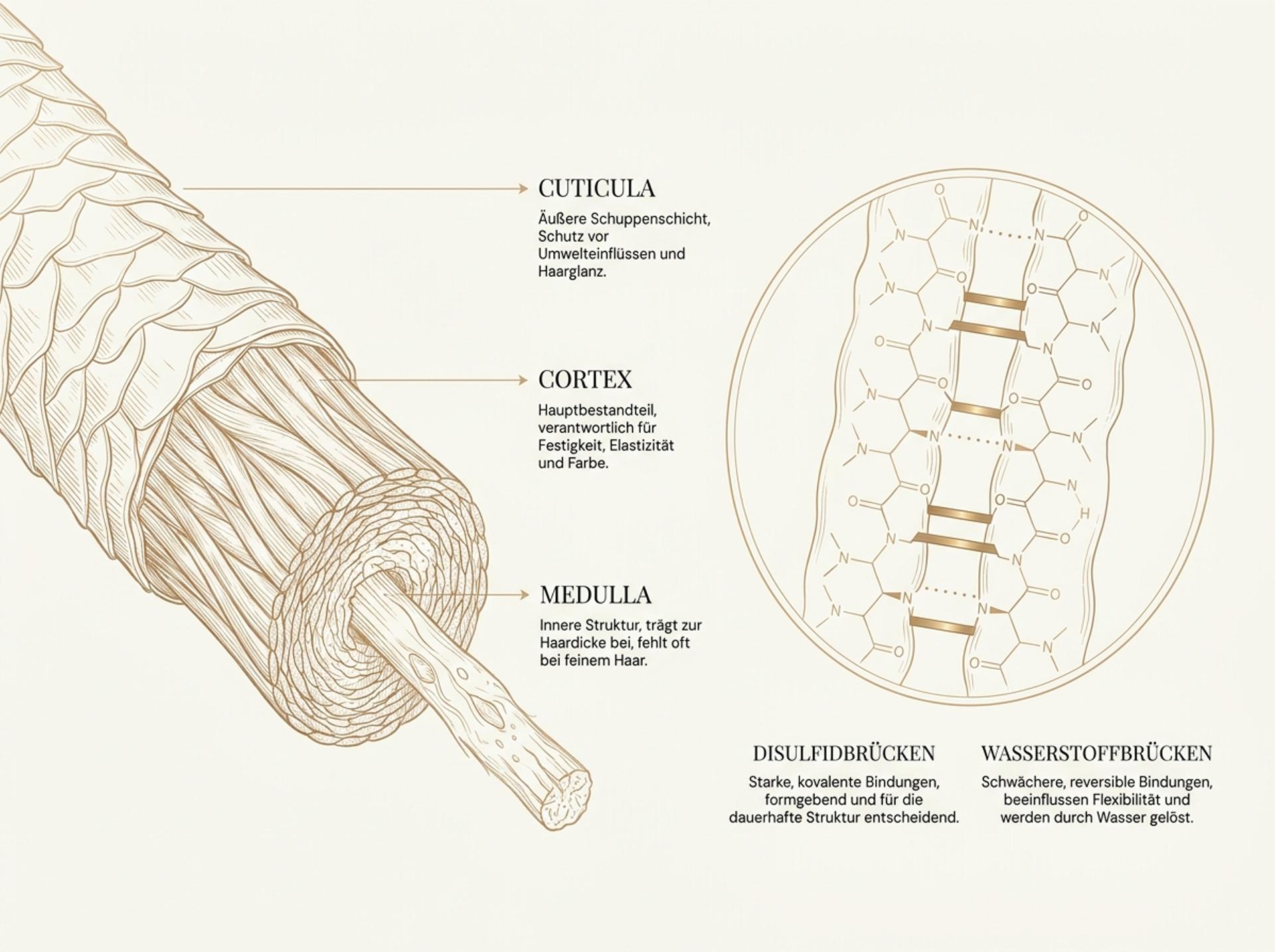 Anatomie-Infografik in HaarLuxus-Palette: Längsschnitt durch ein Haar mit den beschrifteten Schichten Cuticula, Cortex und Medulla, daneben die Darstellung von Disulfid- und Wasserstoffbrücken