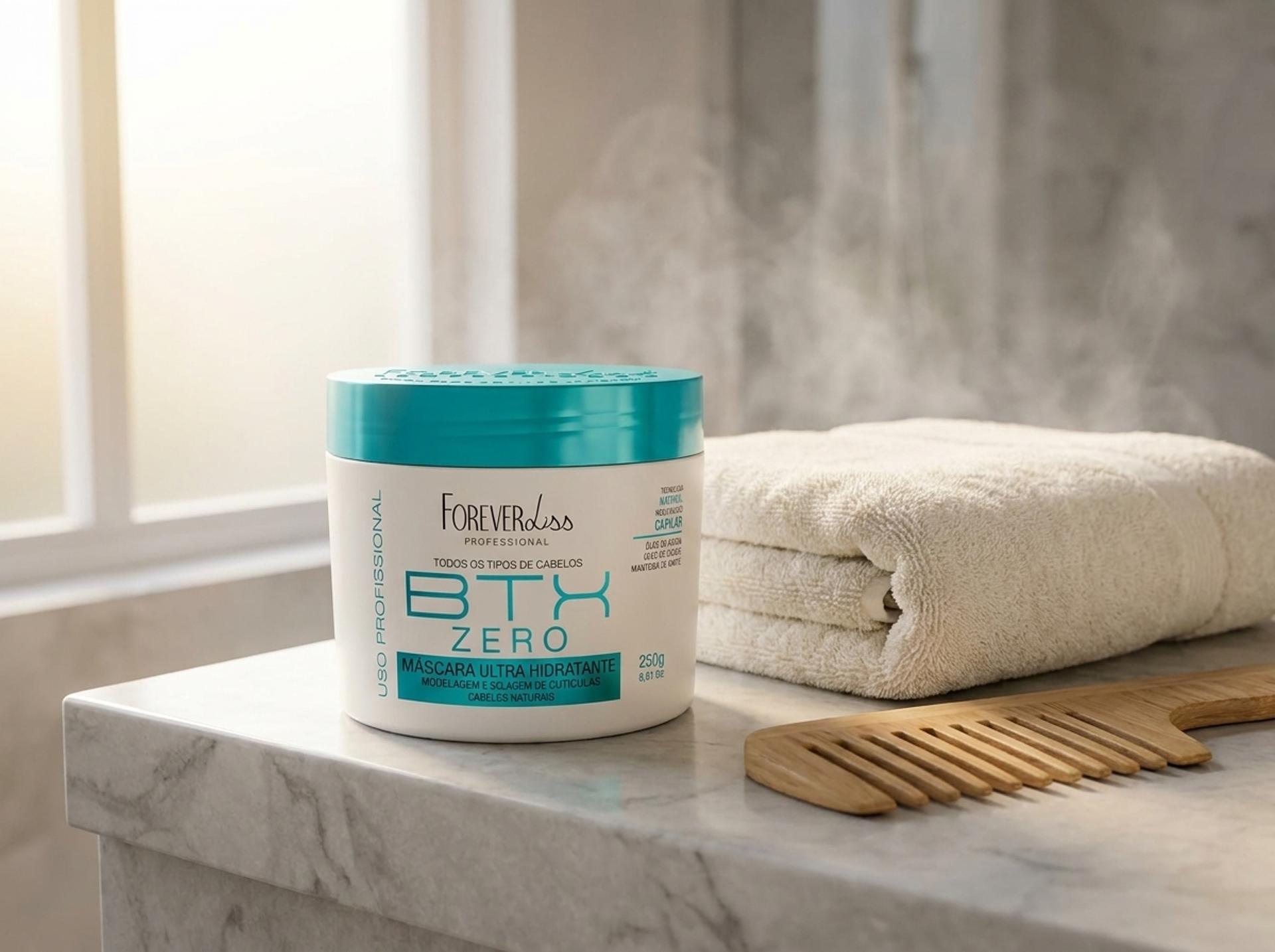 Forever Liss BTX Zero Volume Hair Mask Tiegel auf hellem Marmor-Waschtisch mit weichem cremefarbenen Handtuch und Holzkamm