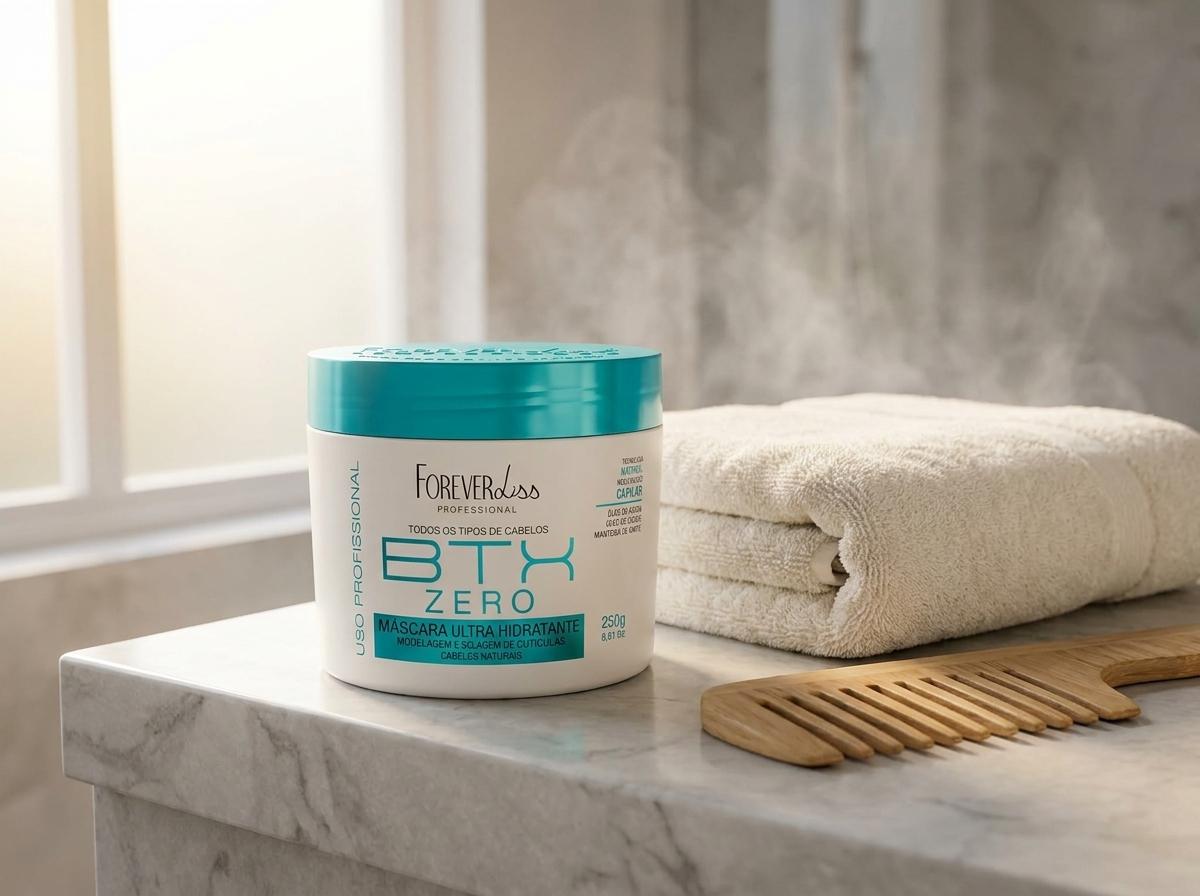 Forever Liss BTX Zero Volume Hair Mask Tiegel auf hellem Marmor-Waschtisch mit weichem cremefarbenen Handtuch und Holzkamm