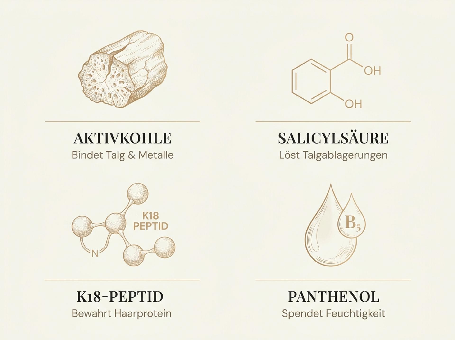 Infografik der vier Hauptwirkstoffe des K18 Pro-Wash Detox Shampoos: Aktivkohle, Salicylsäure, K18-Peptid und Panthenol