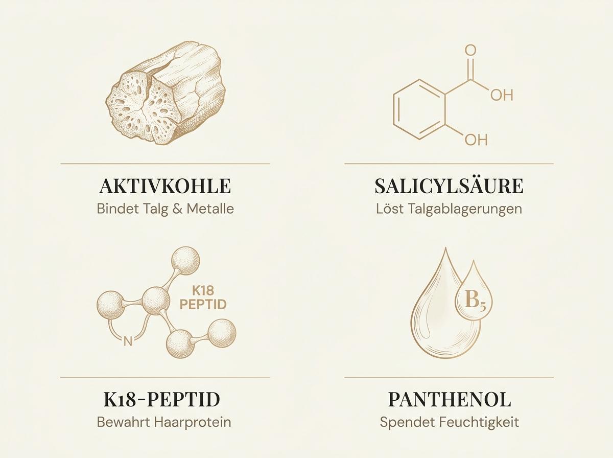Infografik der vier Hauptwirkstoffe des K18 Pro-Wash Detox Shampoos: Aktivkohle, Salicylsäure, K18-Peptid und Panthenol