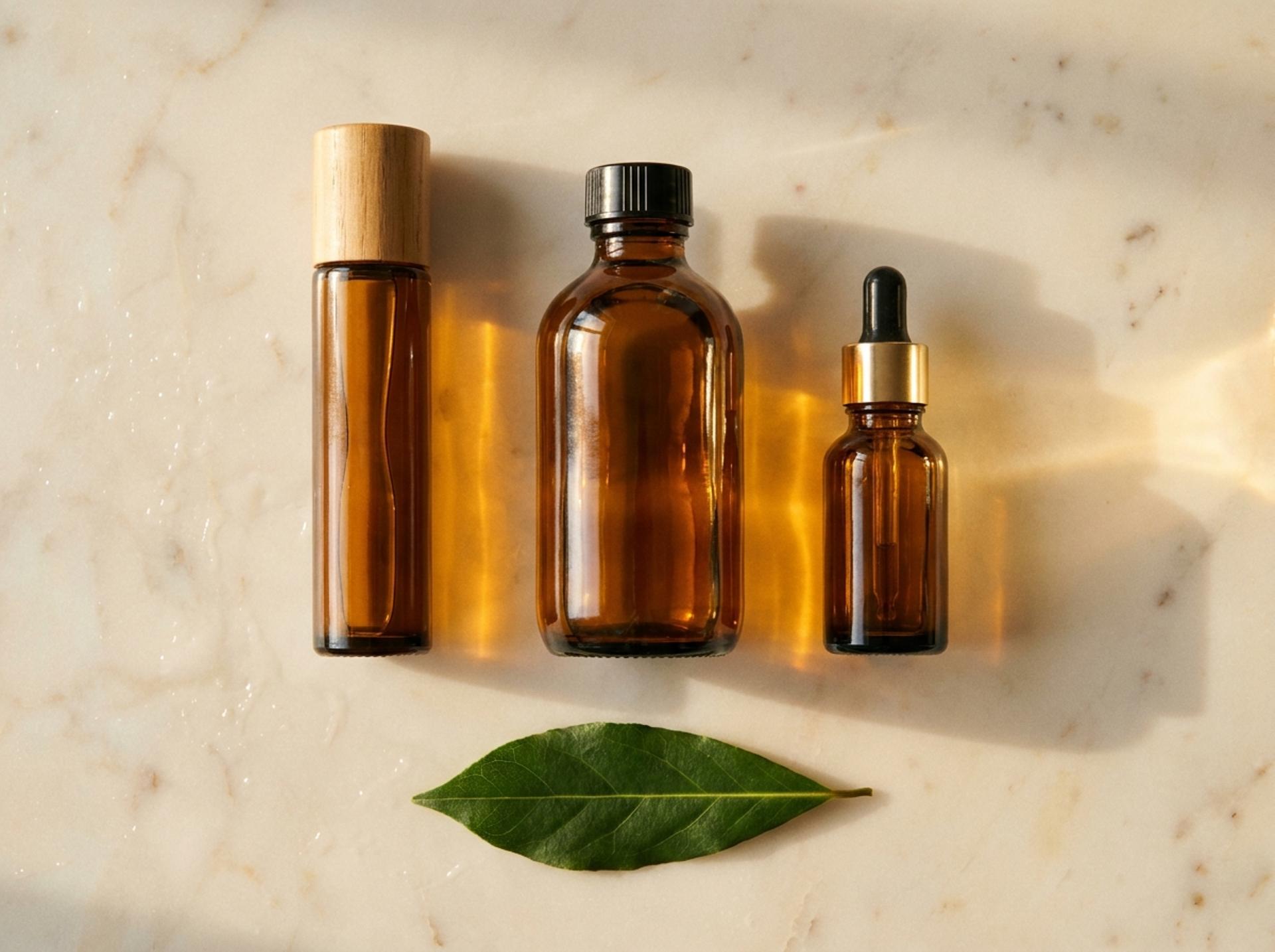 Editorial Still-Life: drei label-freie amber-glas Apothekerflaschen unterschiedlicher Form auf cream marble – visualisiert die drei wichtigsten Haaröl-Typen Argan, Kokos und Jojoba