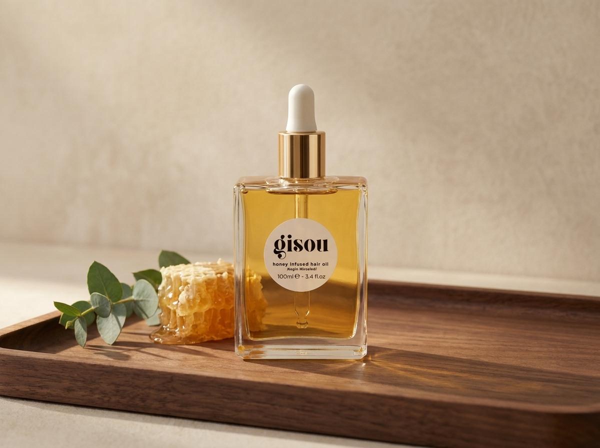 Gisou Honey Infused Hair Oil auf dunklem Holztablett mit Eukalyptuszweigen und Honigwabe im warmen Morgenlicht